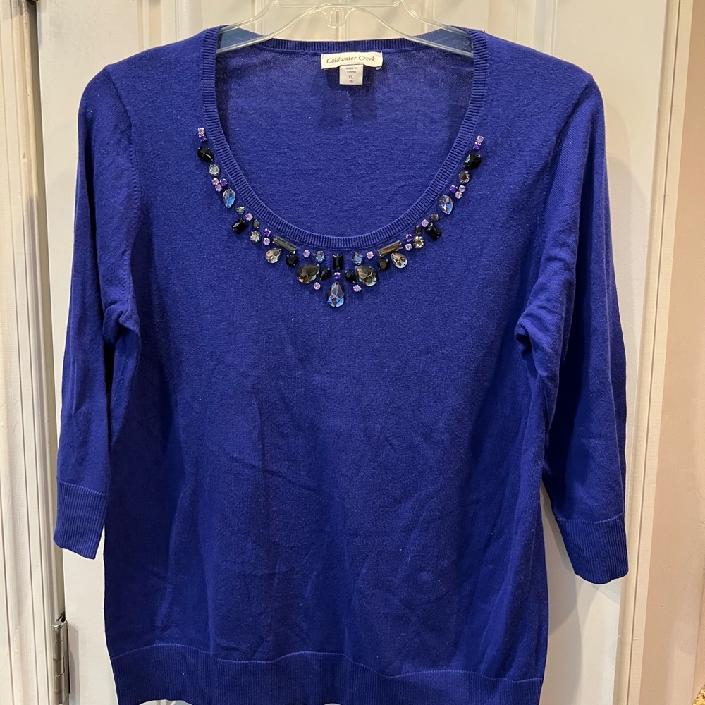 Coldwater Creek Blue Jeweled Neckline Sweater Top Sz XL 16